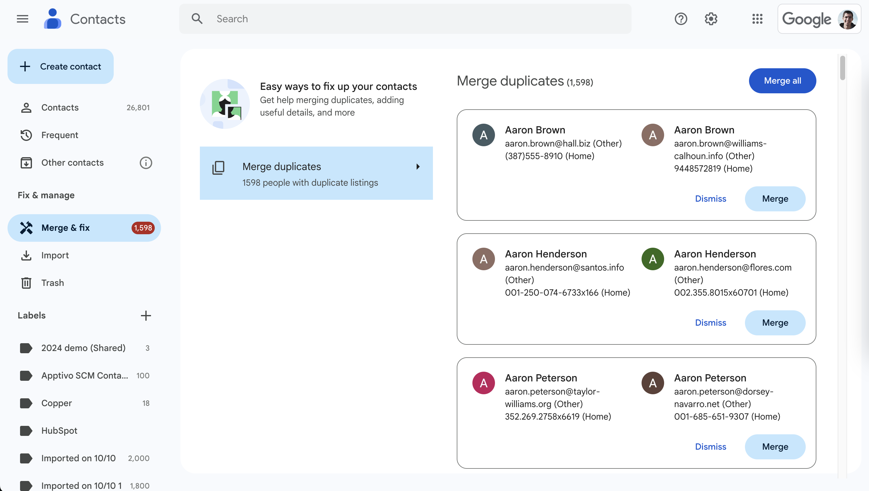 谷歌通讯录中的合并与修复工具